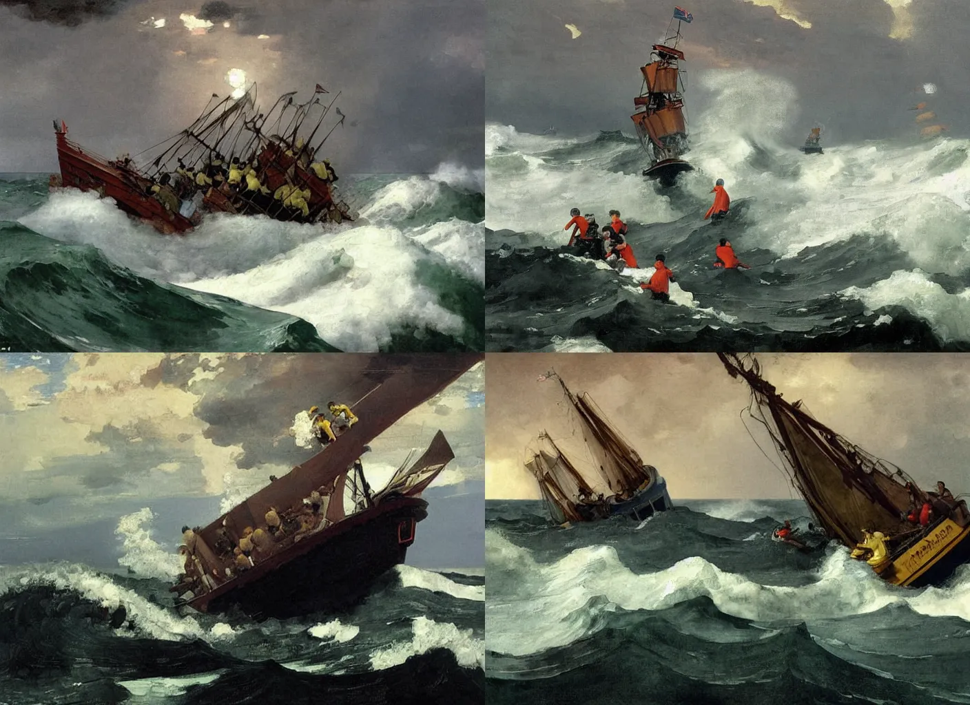Prompt: portrait of Minions manning a ship being tossed about by the stormy sea painted by Winslow Homer, dramatic nautical scene, dangerous waves, masterwork painting of the tumultuous North Sea
