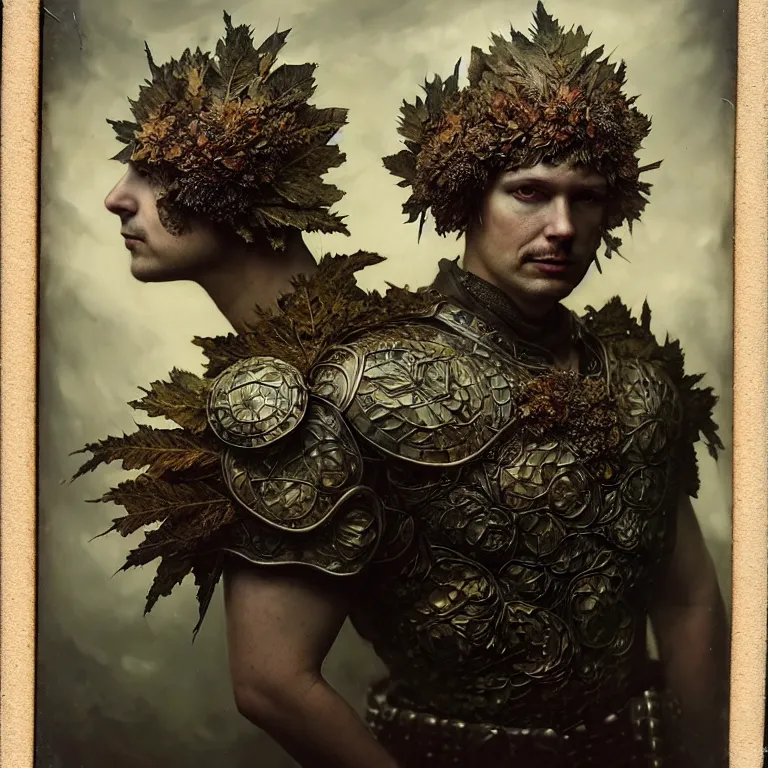 Image similar to old tintype portrait of a realistic complete armour made of leaves, dramatic light, dystopian environment, intricate, elegant, highly detailed, centered headdress, artstation, sharp focus, artgerm, tomasz alen kopera, peter mohrbacher, donato giancola, joseph christian leyendecker, wlop, boris vallejo, frank frazetta