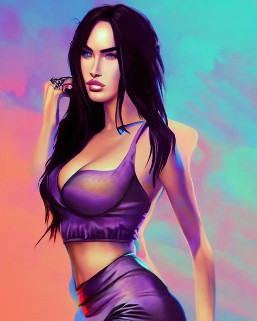 Prompt: megan fox, lofi, vaporwave, aesthetic, au, naturel, digital art, trending in artstation