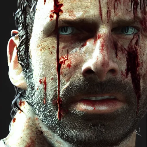 Prompt: rick grimes, the walking dead, zombiefied, head and shoulders shot, medieval, vivid colors, sharp focus, digital art, Hyper-realistic, 4K, Unreal Engine, Highly Detailed, HD, Dramatic Lighting by Brom, trending on Artstation