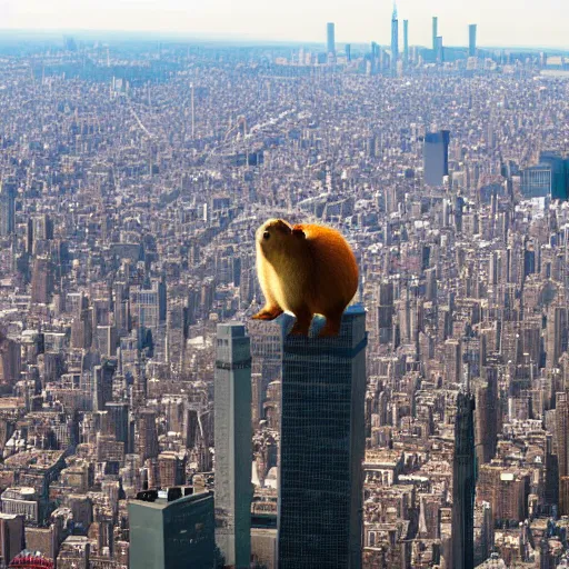 Prompt: An oversized capybara in a crown towering over miniature New York city. Aerial shot