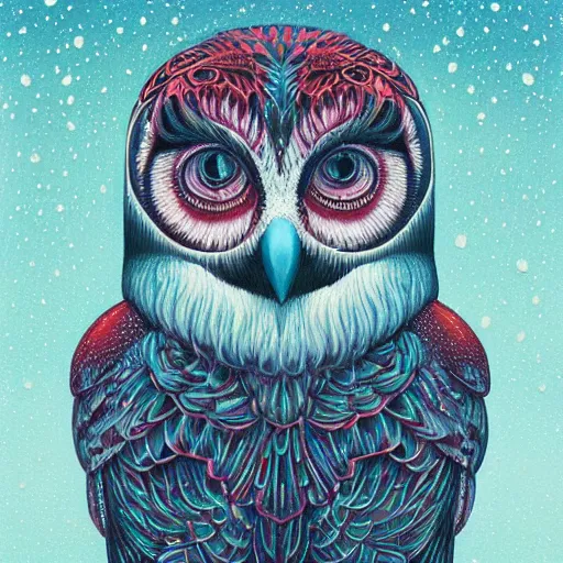 Image similar to Snow Owl By Casey Weldon and Martine Johana, rich colors, intricate, elegant, highly detailed, centered, digital painting, artstation, concept art, smooth, sharp focus, HDR, Coherent, illustration