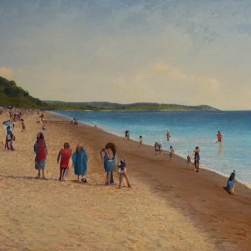 Prompt: people on a beach in normandi, by nele tas