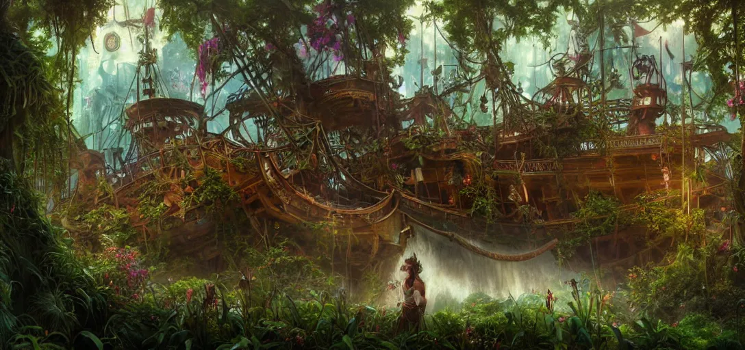 Image similar to epic fantasy render of a beautiful pirate ship in an old dilapidated amusement park overgrown with verdant flowers, dark retrowave, highly detailed, digital painting, cinematic, hyperrealism, rpg portrait, dynamic lighting, art by magali villeneuve and alphonse mucha, artstation, octane render, cgsociety