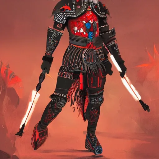 Image similar to otomi warrior in a ornated armor preparing for war, full body, dynamic pose, red and obsidian neon, concept art, intricate details, highly professionally detailed, cgsociety, highly detailed -