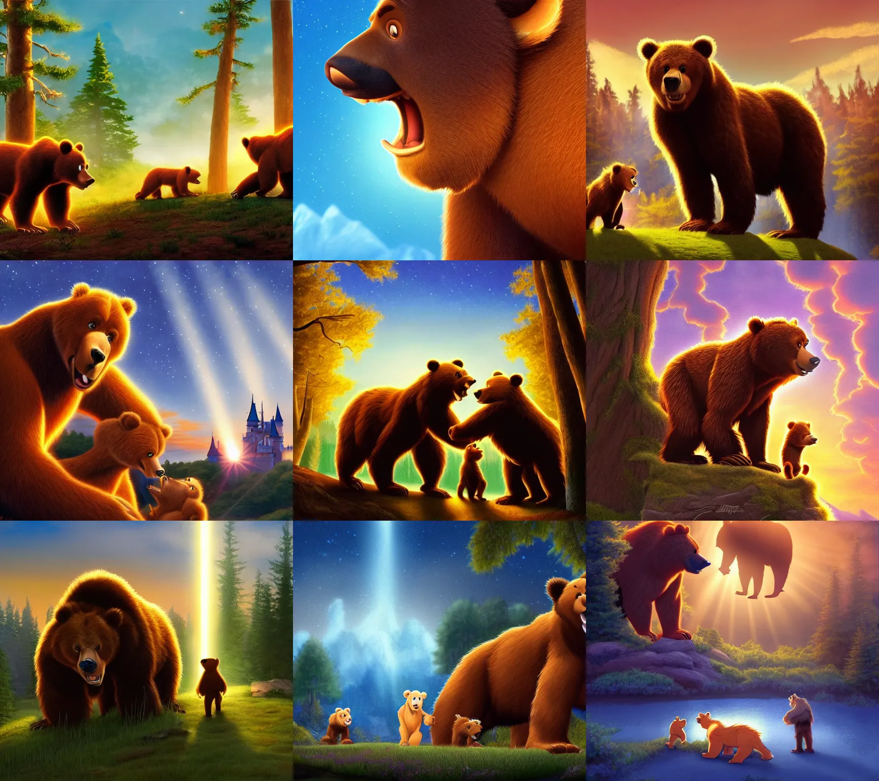 Prompt: official artwork for Disney’s ‘brother bear’ (2003) , iconic scene, beautiful lighting, Disney, highly detailed, high quality, Kodak bears, brown bear, Alaska, beautiful sky, artstationHD, artstation, Deviantart