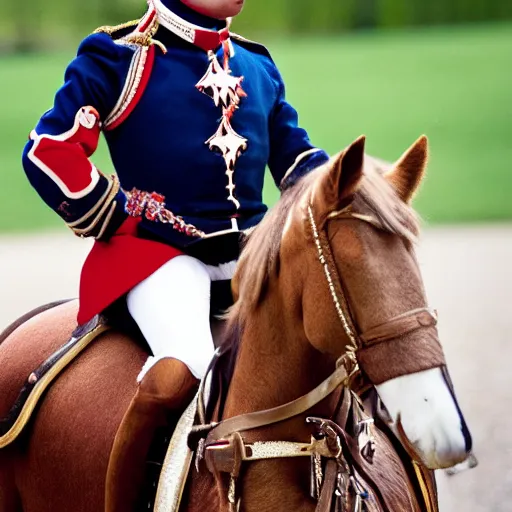 Image similar to closeup portrait of emmanuel macron dressed as napoleon riding a tiny miniature horse, natural light, sharp, detailed face, magazine, press, photo, steve mccurry, david lazar, canon, nikon, focus