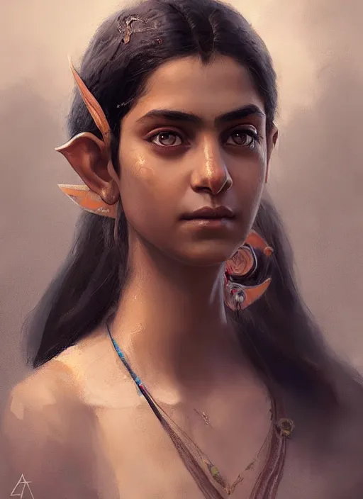 Image similar to Portrait of Indian girl with elven ears, realistic, detailed, 4k by Greg Rutkowski Mark Arian trending on artstation