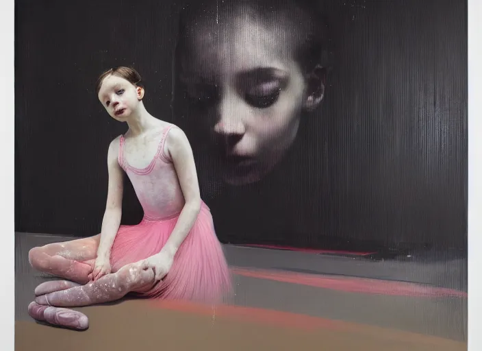 Image similar to portrait of nervous young girl ballerina sitting on the floor focusing in a dance hall by beeple and hernan bas and francis bacon and pat steir and hilma af klint, psychological, photorealistic, symmetrical face, dripping paint, washy brush, matte painting, rendered in octane, altermodern, masterpiece