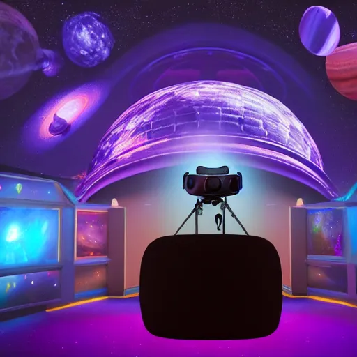 Image similar to a hyperrealistic 3D octane render of an elephant wearing oculus rift VR goggles, playing a keyboard inside of a dome planetarium with planets and galaxies, 8k, unreal engine, dramatic lighting, volumetric lighting, uplighting, ray tracing, photorealistic,