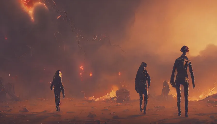 Image similar to woman with black hair and leather jacket walking away from explosion, lovecraftian hellscape, golden tenticles, soldiers and mech fight, simon stalenhag, 4 k, ultra detailed, explosions and smoke