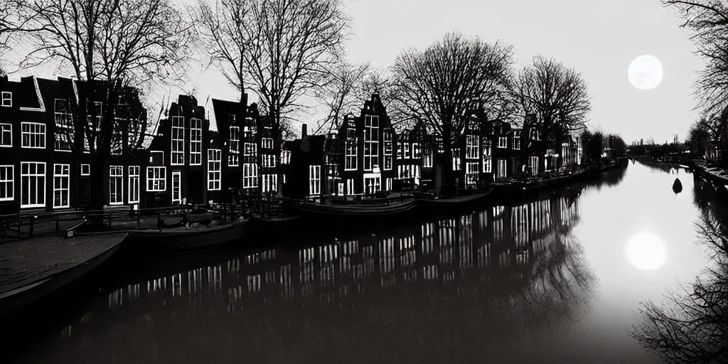 Prompt: Dutch houses along a river, silhouette!!!, A single circular white full moon, black sky with stars, a mixture of soft glowing windows, stars in the sky, b&w!, Reflections on the river, a man is punting, flat!!, Front profile!!!!, HDR, soft!!, street lanterns glow, shimmers, 1904, illustration, shadowy figures, concept art,