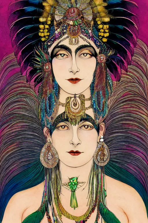 Prompt: portrait of mata hari, ultra realistic, feather headdress, indian fabric swirling colorful, fantasy, intricate, elegant, highly detailed, digital painting, artstation, concept art, matte, sharp focus, illustration, art by kay nielsen and walter crane, illustration style, watercolor