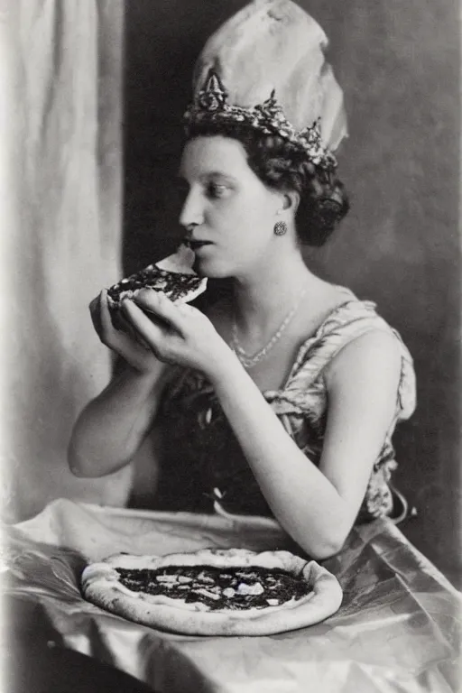 Prompt: historical photo of queen margherita ( savoy ) eating!!! a pizza! margherita, full body, portrait photo, diffuse light, acclaimed masterpiece