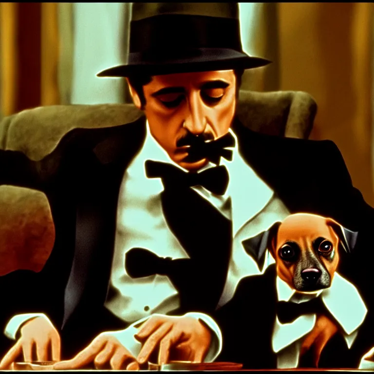 Image similar to cinematic scene screen cap from the godfather with an anthropomorphic dog in a suit