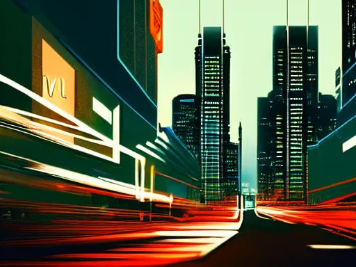 Image similar to a cinematic busy cyberpunk street in a mega city packed with flying vehicles, large mega corp buildings dominate the skyline at dusk by nick hiatt, cinematic, film still