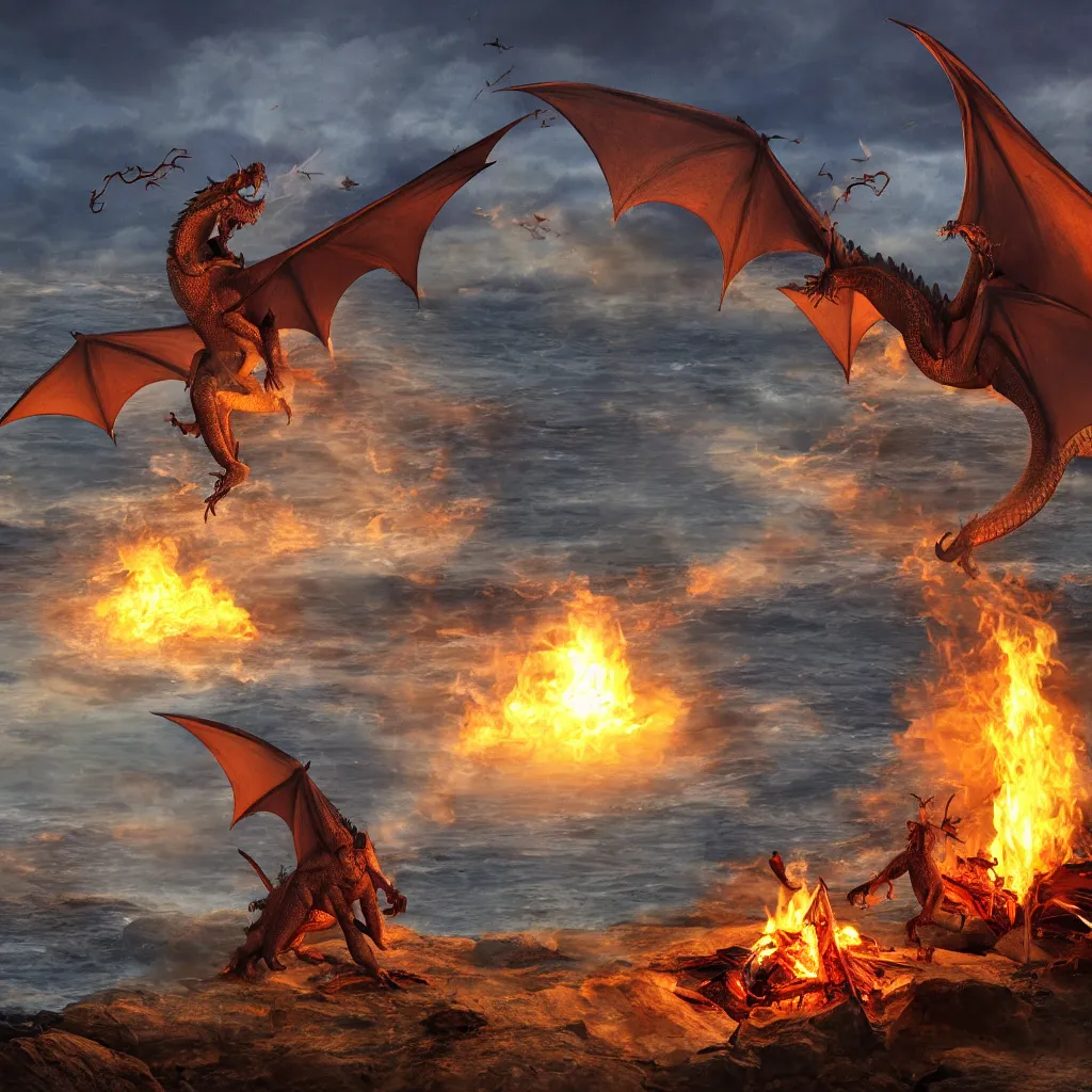 Image similar to a campfire, a dragon flying at background, dragon\'s eyes shining red/yellow seen by far at sky, people talking with each other, sun setting, and sea waves is slow