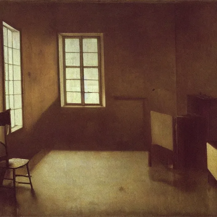 Prompt: interior of a flooded old house full of furniture. painting by hammershoi, balthus, mark rothko, vermeer, monet