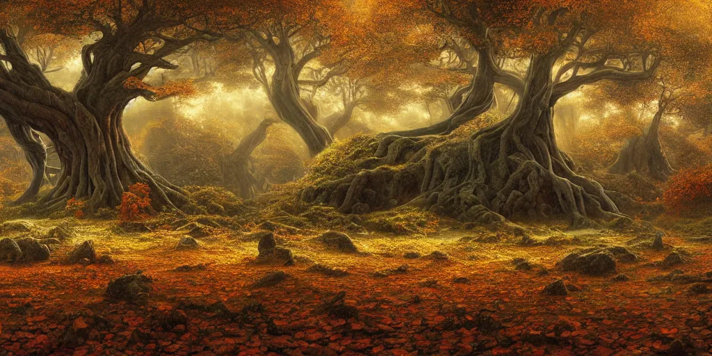 Prompt: Fantastical open landscape by Ted Nasmith, giant world tree, roots, amber, autumn, digital painting, concept art, landscape