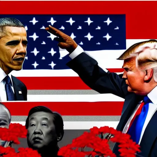 Image similar to obama with an american flag wrapped around his head, trump and putin in greyscale look on forebodingly in the background, red chinese flowers in the background, chinese characters in the foreground