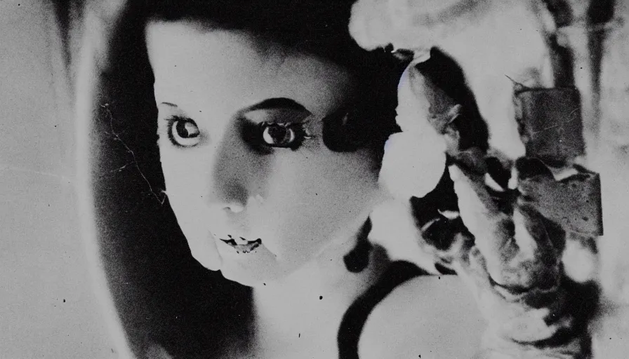 Image similar to 50s movie still close-up portrait of a white female japanese phantom with a taxidermic bloody jaws and esoteric dress in a liminal space style tunnel, early black and white 8mm, heavy grain, low quality,