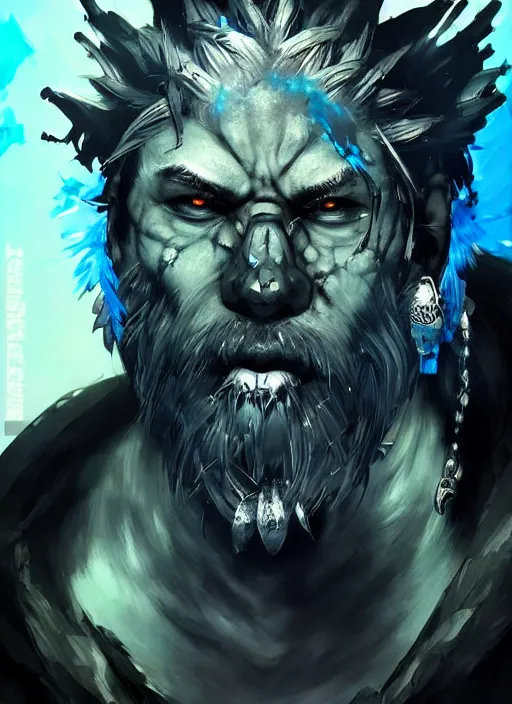 Prompt: Portrait of an old gnoll warrior with silver fure, emanating with blue aura, vibrant colours, chosen one. In style of Yoji Shinkawa and Hyung-tae Kim, trending on ArtStation, dark fantasy, great composition, concept art, highly detailed, dynamic pose.