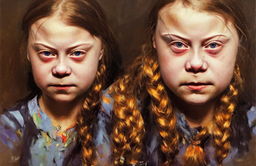 Image similar to portrait of greta thunberg!!!!!!!!!!!!!!!!!!!!!!!!!!!, detailed face, detailed painting, epic lighting, by ilya repin, phil hale and kent williams