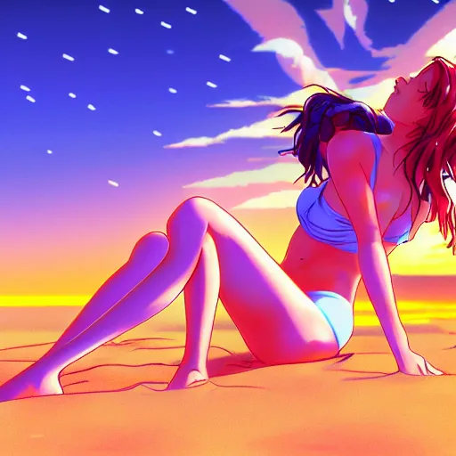 Image similar to girl laying in the sand next to ocean in sunset, sprite, vaporwave nostalgia, visual novel cg, 8 0 s anime vibe, kimagure orange road, yu - no, initial d, drawn by by commodore 6 4, wallpaper, ultra hd, vlc screenshot