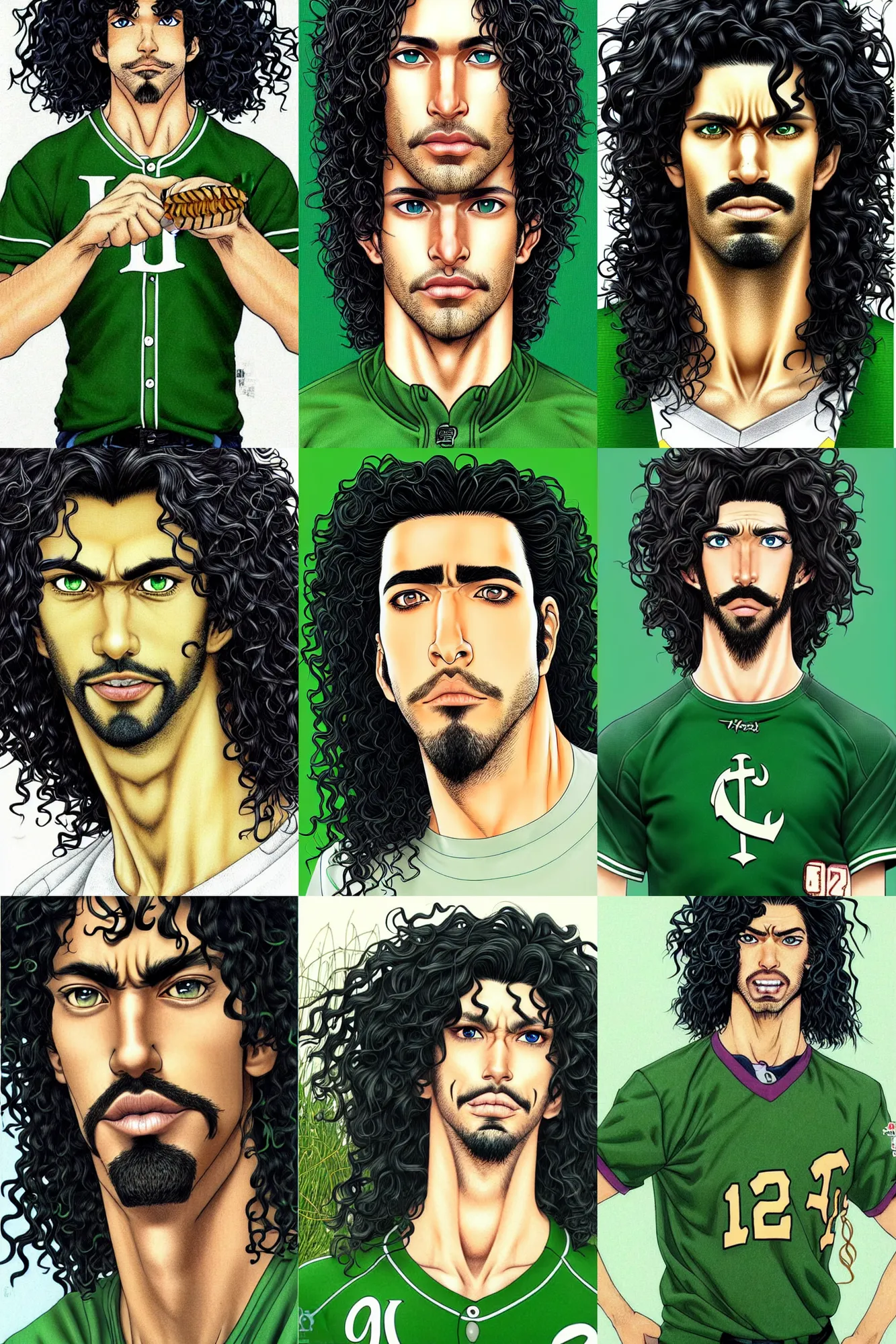 Prompt: handsome!! hyper realistic man with long black curly hair, tan skin, ( ( ( grassy ) ) ) colored iris ', green eyes!!!, anchor goatee | wearing open baseball jersey | art by hirohiko araki & jean giraud & artgerm