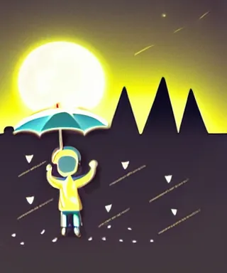 Image similar to little boy standing, holding umbrella, at night, full moon, cute anime style, black and white artwork, minimalist background