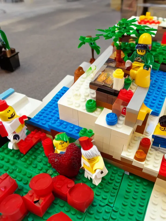 Prompt: miniature lego diorama of yogurt with fruits