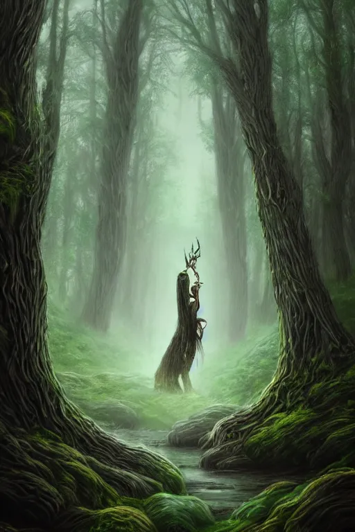 Image similar to gaelic forest spirit, qirin, god, deity, serene, wide angle, super highly detailed, professional digital painting, artstation, concept art, smooth, sharp focus, no blur, no dof, extreme illustration, Unreal Engine 5, Photorealism, HD quality, 8k resolution, cinema 4d, 3D, beautiful, cinematic, art by artgerm and greg rutkowski and alphonse mucha and loish and WLOP