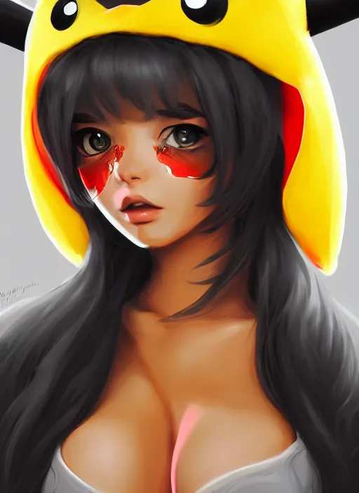 Image similar to a portrait of a hot girl in pikachu costume, grim - lighting, high - contrast, intricate, elegant, highly detailed, digital painting, artstation, concept art, smooth, sharp focus, illustration