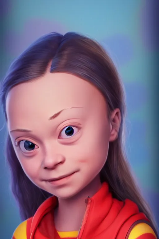 Image similar to greta thunberg as a cute pixar character, vivid colors, high details, cinematic, 8k resolution, beautiful detailed, photorealistic, digital painting, artstation, concept art, smooth, sharp focus, illustration, fantasy background, artstation trending, octane render, unreal engine