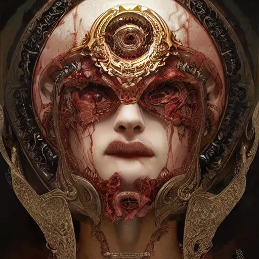 Image similar to whirling ornate intricate portrait of a bloodied filigreed butcher, rippling, warping, ultra realistic, concept art, intricate details, eerie, highly detailed, photorealistic, octane render, 8 k, unreal engine. art by artgerm and greg rutkowski and alphonse mucha