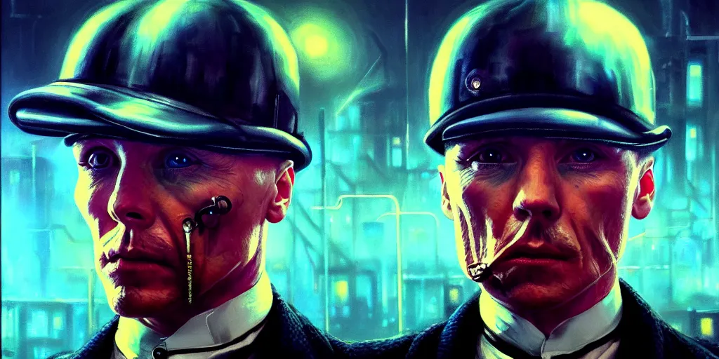 Image similar to Peaky Blinders, in Cyber Punk 2077, in a surreal cyberpunk! style, oil on canvas, 4K highly detailed face