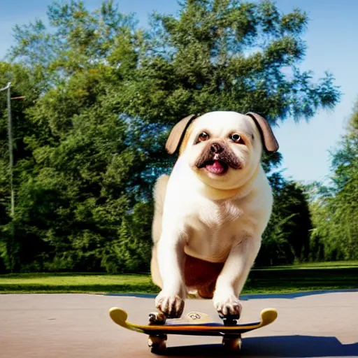 Image similar to morbidly obese dog riding a skateboard, photograph, 4 k