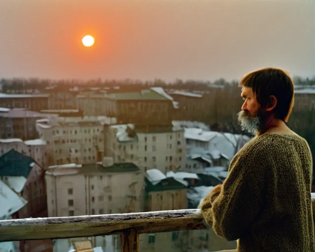 Image similar to award - winning lomographic tarkovsky film still of 4 0 years russian man with beard and sweater standing on small hrushevka 9 th floor balcony in taiga looking at sunset, kodak ektar, bokeh