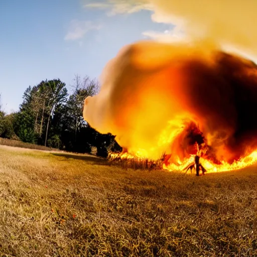 Image similar to fisheye skate video style photo of a burning building in an empty field, yellow red tones, hyper realistic, wide, wheat blowing in the wind