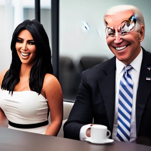 Image similar to stock photo of kim kardashian, and joe biden wearing suits and ties laughing in an office building, 8k resolution, full HD, cinematic lighting, award winning, anatomically correct