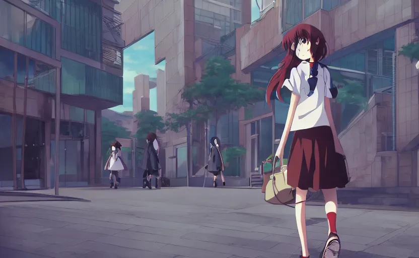 An anime girl in a school uniform, walking through a