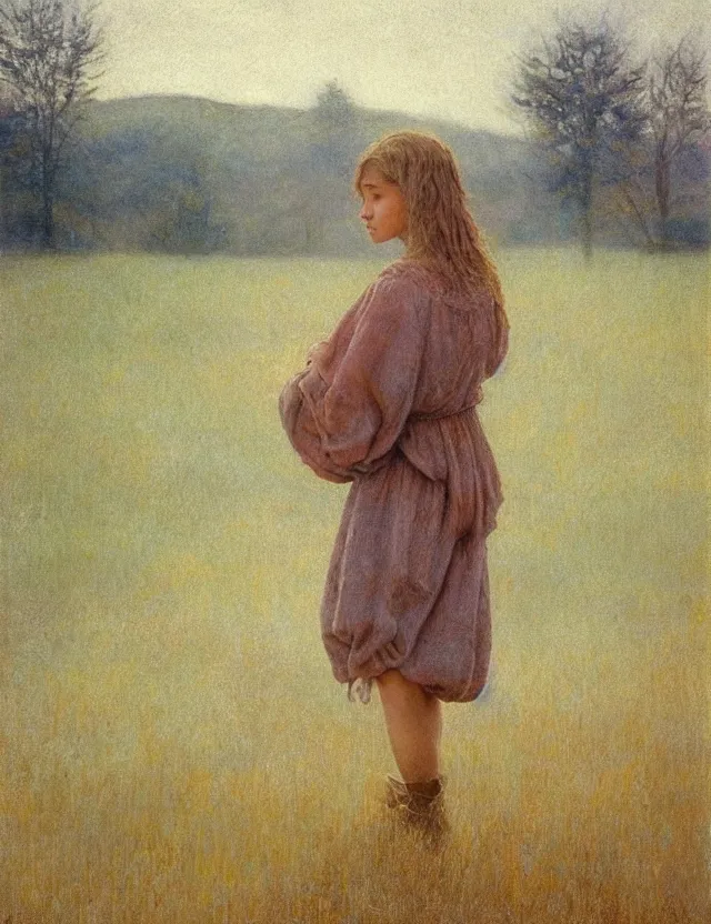 Image similar to peasant girl draws a landscape on a canvas, cottage core, cinematic focus, polaroid photo bleached vintage pastel colors high - key lighting, soft lights, foggy, by steve hanks, by lisa yuskavage, by serov valentin, by tarkovsky, detailed, oil on canvas