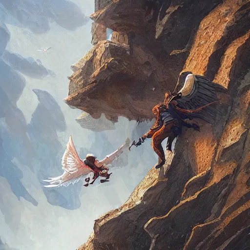 Image similar to guardian angel protecting man falling from a cliff, detailed intricate ink illustration, happy atmosphere, detailed illustration, hd, 4k, digital art, overdetailed art, by greg rutkowski, by loish, complementing colors, Trending on artstation, movie poster style