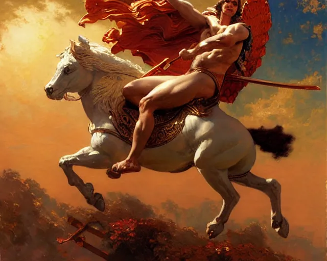 Image similar to attractive apollo greek god, riding his fire chariot. highly detailed painting by gaston bussiere, craig mullins, j. c. leyendecker 8 k