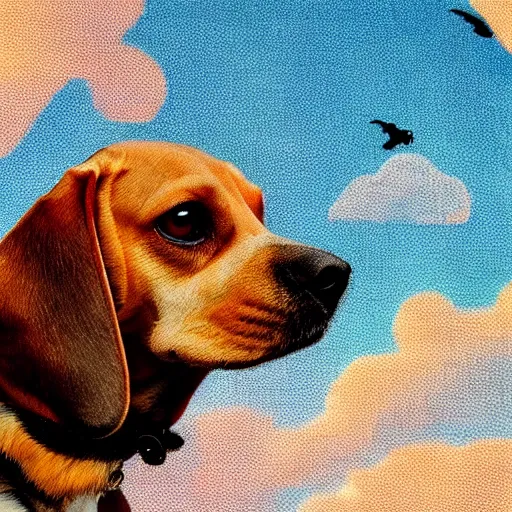 Prompt: a beagle flying in the sky using it's ears as wings, warm colors, cute