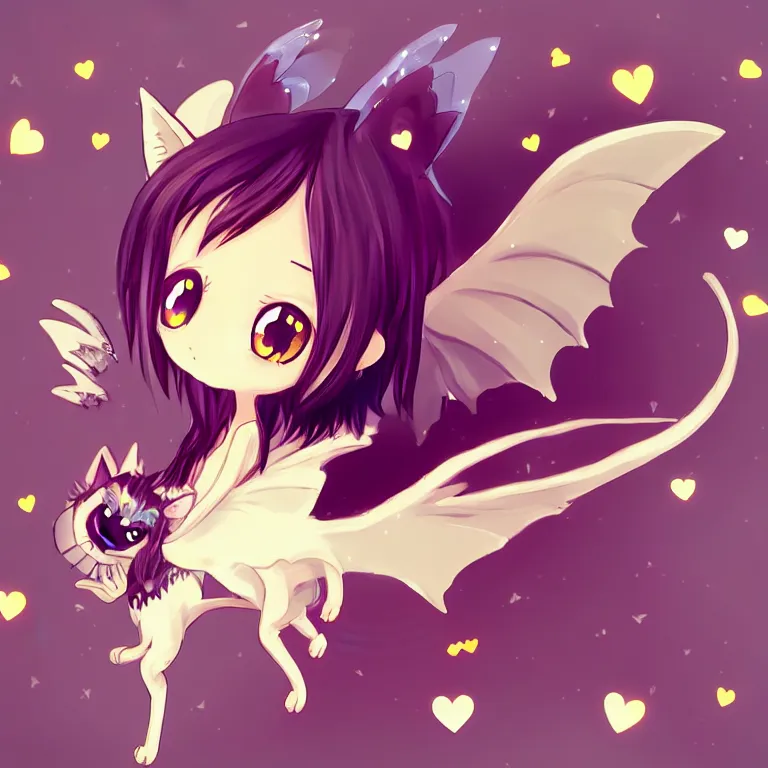 Image similar to cute, full body, female, anime style, a cat girl with fairy wings patting a small dragon, large eyes, beautiful lighting, sharp focus, simple background, creative, heart effects, filters applied, illustration