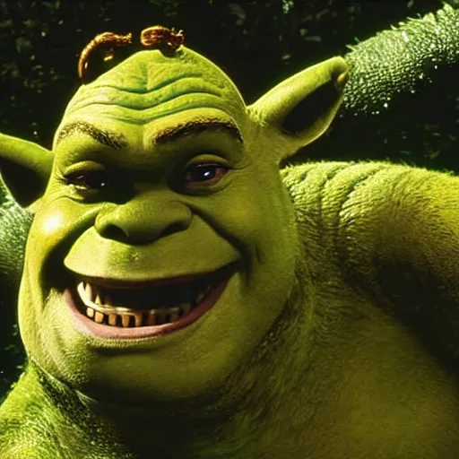 Prompt: still image of Shrek in Jurassic Park (1993), photograph, film,