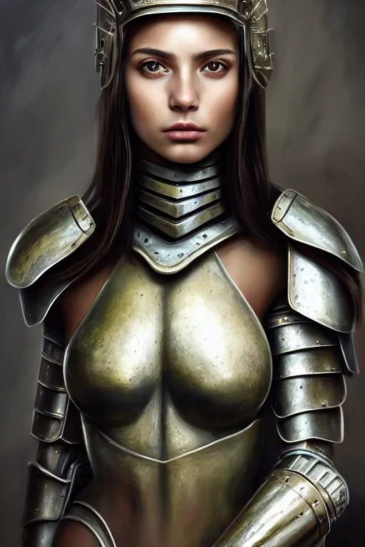 Image similar to a photorealistic painting of an attractive young girl, partially clothed in metal-plated battle armor, standing in front of a distant landscape, olive skin, fair complexion, long dark hair, flawless skin, beautiful bone structure, perfectly symmetric facial features, perfect photorealistic eyes, natural physique, intricate, elegant, digital painting, concept art, finely detailed, beautifully illustrated, sharp focus, minimal artifacts, volumetric lighting, from Metal Gear, by Ruan Jia and Mandy Jurgens and Artgerm and William-Adolphe Bouguerea, in the style of Greg Rutkowski, trending on Artstation, award winning art