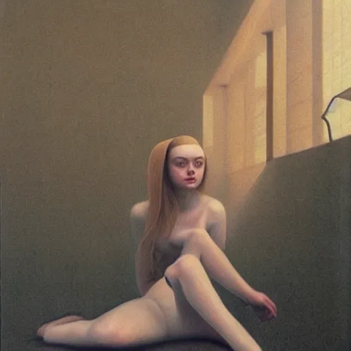 Image similar to a striking hyper real painting of Elle Fanning with cybernetics by Quint Buchholz