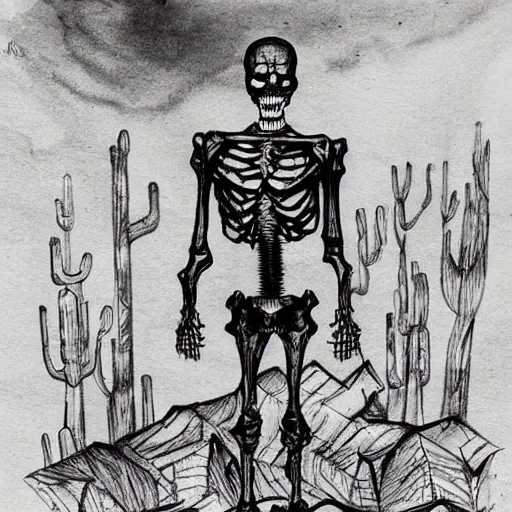 Image similar to black pen sketch of a superman zombie skeleton in a post - apocalyptic desert, the desert is in water color, elephant skull, pencil, intermediate art, paper art, pencil, bold lines, humans with apocalypse clothes on in the background, by an oil painter